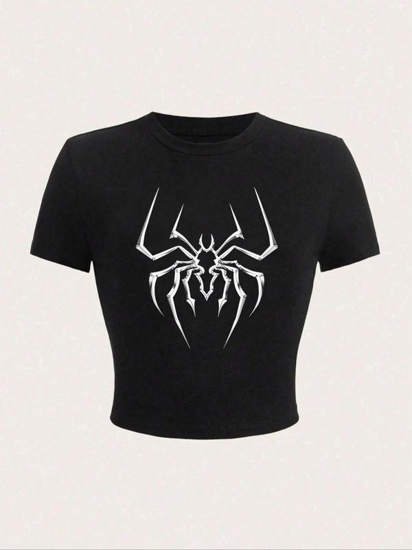 Women's Spider Print Round Neck Crop Tee, T Shirts for Women, Summer Graphic Tees Women, Fashion Casual Short Sleeve...