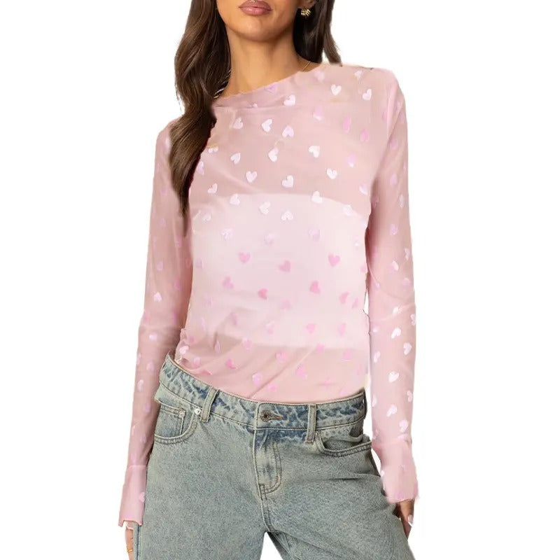 Women's Spring Summer Mesh Tops Long Sleeve Round Neck Heart Embroidery Trendy Party T-shirt Hoodie, Sweatshirt