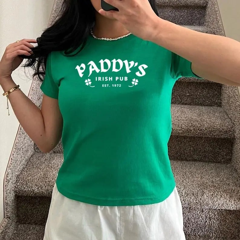 Women's St Patrick's Day Pub Logo Baby Tee, Shamrock Design, Irish Party Shirt, Cool Girl Saint Pattys Day Party Baby Tee For Women irish