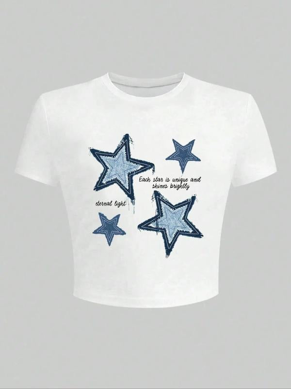 Women's Star Print Round Neck Crop Tee, Fashion Casual Crew Neck Short Sleeve T-Shirt for Daily Holiday Vacation Outdoor Wear, Ladies Clothes for Summer