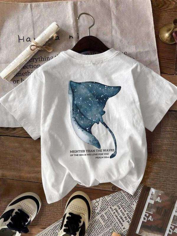 Women's Stingray Print Round Neck Tee, Casual Short Sleeve Crew Neck T-shirt for Summer, Fashion Women's Top for Daily Wear