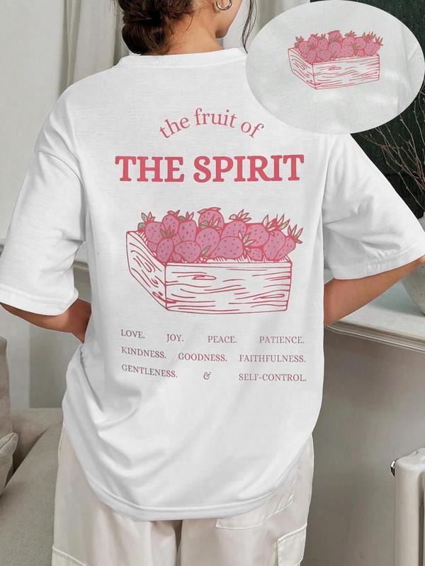 Women's Strawberry & Letter Print Round Neck Graphic Tee, Vintage Trendy Casual Short Sleeve T-shirt for Daily Wear, Ladies All Seasons Clothes