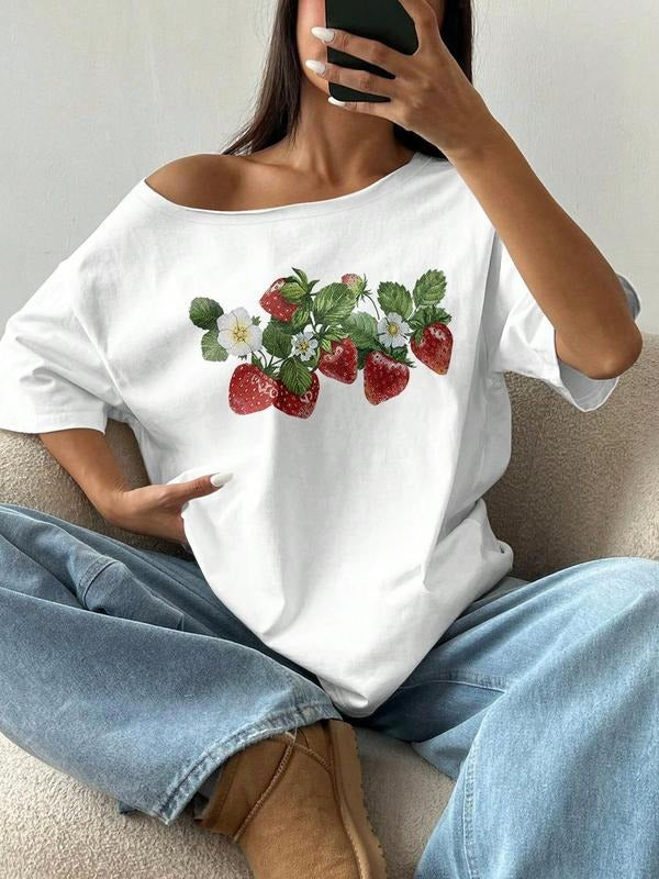 Women's Strawberry Print Off Shoulder Tee, Casual Fashion Cap Sleeve T-shirt for Summer, Women's Top for Daily Wear