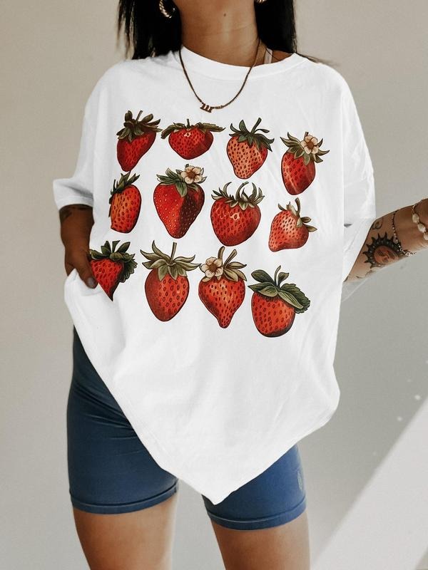 Women's Strawberry Print Round Neck Tee, Casual Fruit Print Short Sleeve Crew Neck T-Shirt for Summer, Fashion Women's Top for Daily Wear