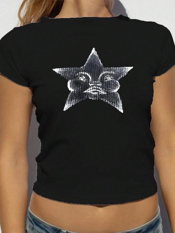 Women's Street Fashion Star Print Round Neck Crop Tee, Casual Fashion Short Sleeve Crew Neck T-Shirt for Daily Holiday Vacation Outdoor Wear, Ladies Summer Clothes