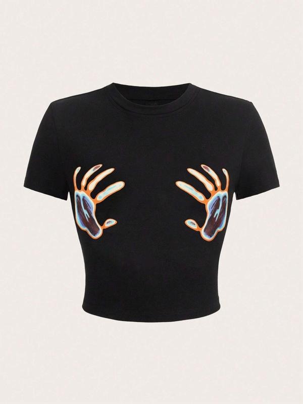 Women's Streetwear Graphic Round Neck Crop Tee, Casual Short Sleeve Crew Neck T-Shirt for Daily Wear, Ladies Clothes for All Seasons