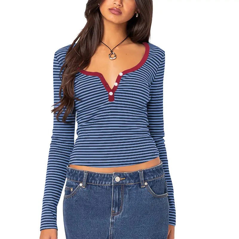 Women's Striped Knit Tops Slim Notch V Neck Button Down Long Sleeve Shirt for Fall Streetwear Knitwear Lady Hoodie,...