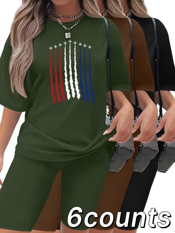 Women's Striped Print Tee & Skinny Shorts Set, Casual Fashion Cozy Round Neck Short Sleeve T-shirt & Shorts for Daily Outdoor Wear, Ladies Clothes for All Seasons