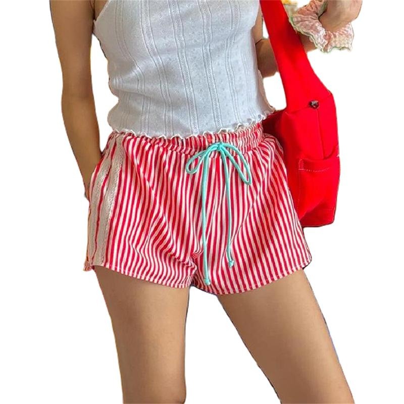 Women's Striped Shorts Lace Trim Elastic Waist Drawstring Casual Shorts for Summer Streetwear Lady Womenswear T-Shirts,...