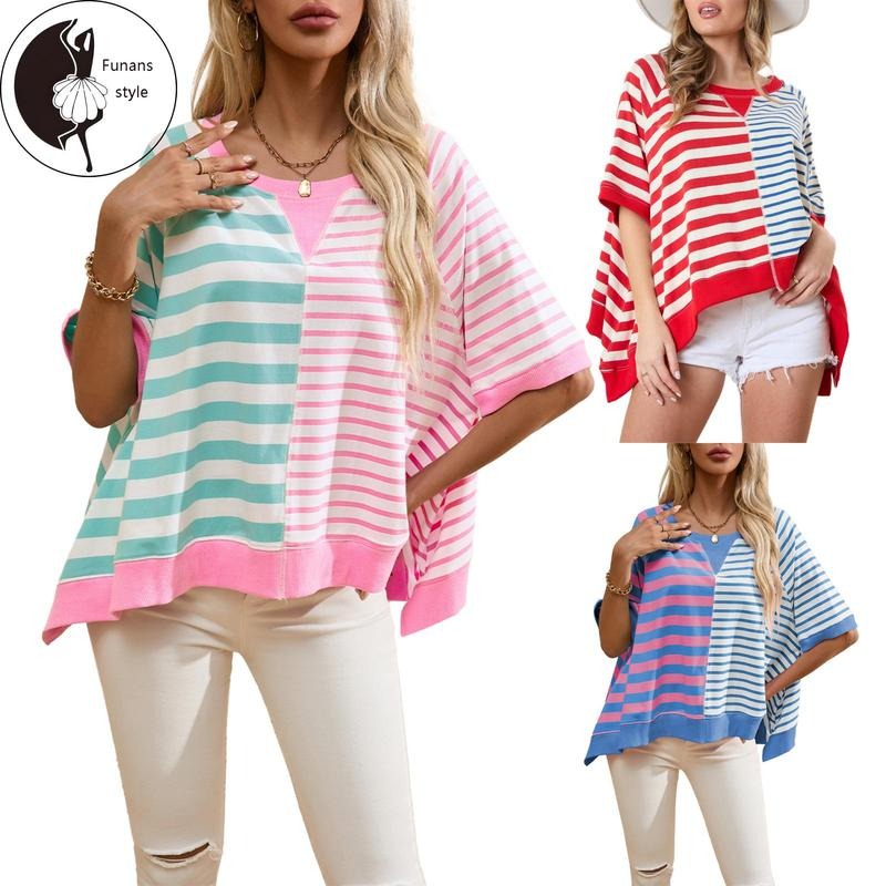 Women's Striped Tops Loose Round Neck Short Sleeve Casual T-Shirt for Summer Streetwear
