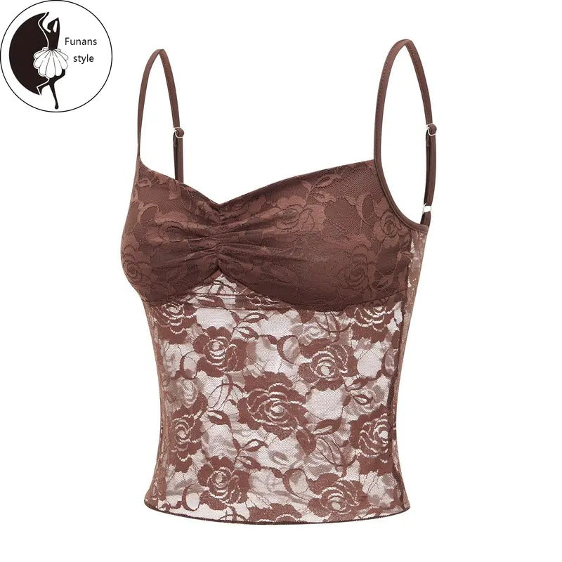 Women's Summer Lace Cami Tops Sleeveless Ruched Front Solid Color CamisoleFit Tank Tops