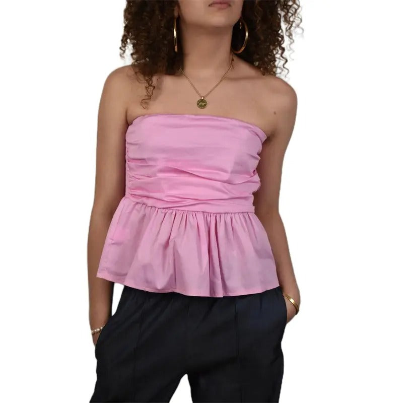 Women's Summer Slim Tube Tops Solid Color Bandeau Ruched Low Cut Peplum Tops for Party Womenswear Outdoors T-Shirts,...