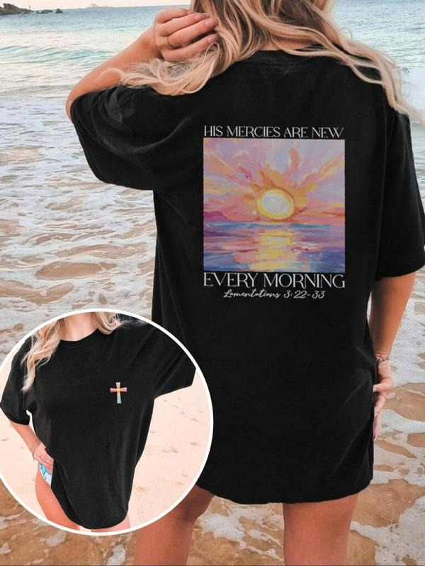 Women's Sun & Letter Print Round Neck Tee, Casual Short Sleeve Crew Neck T-shirt for Summer, Women's Top for Daily Wear