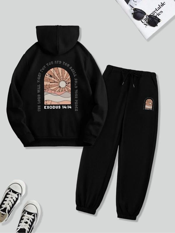 Women's Sun Print Drop Shoulder Kangaroo Pocket Hoodie & Drawstring Waist Sweatpants Two-piece Set, Casual Fashion Cozy Breathable Two Piece Outfits for Daily Outdoor Wear, Women Clothing for Fall & Winter