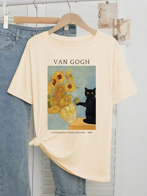 Women's Sunflowers & Van Gogh Oil Painting Print Round Neck Tee, Fashion Casual Crew Neck T-shirt for Daily Holiday Vacation Outdoor Wear, Ladies Clothes for All Seasons, Top