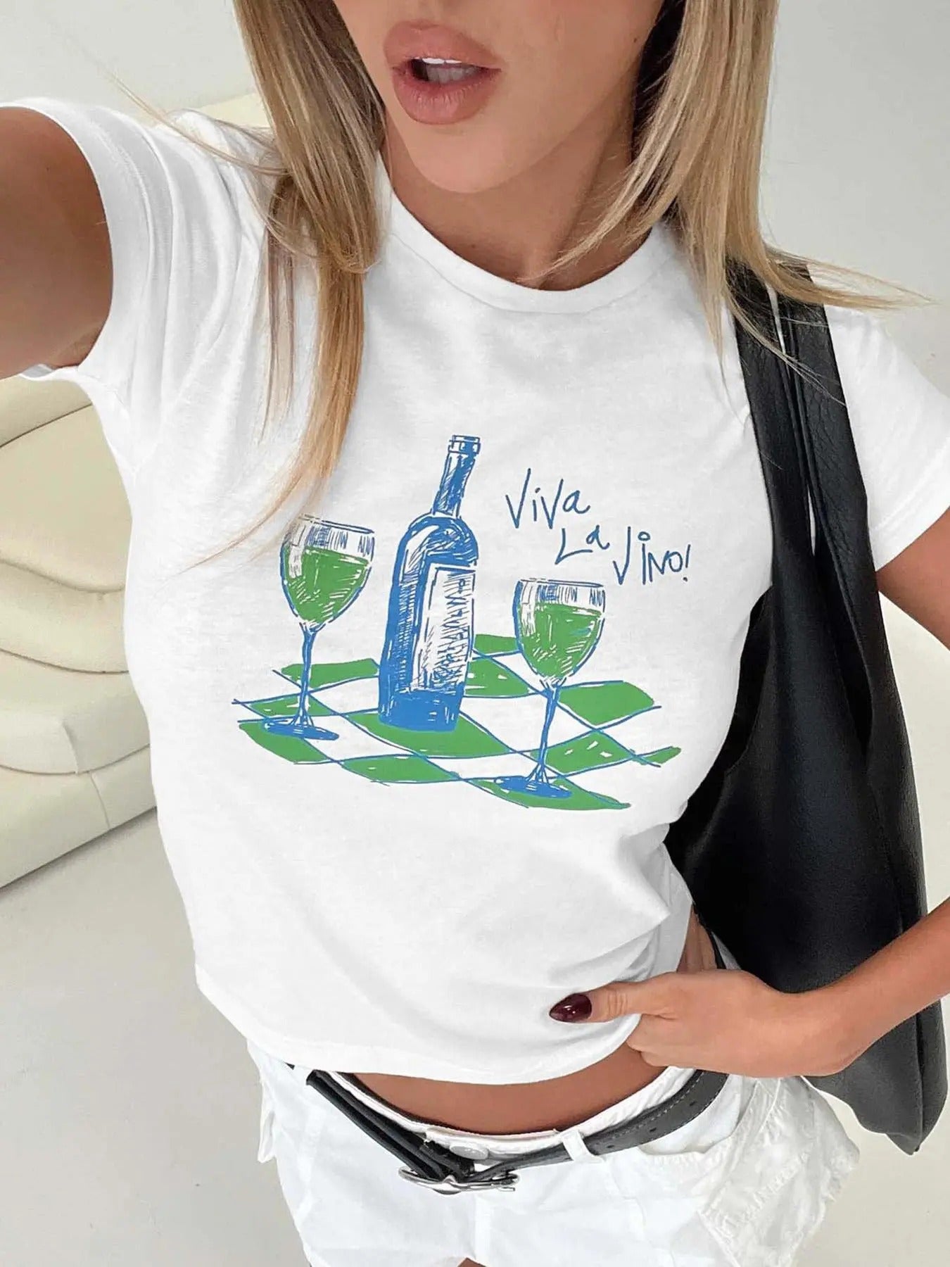 Women's Wine Glass Print Round Neck Tee, Casual Short Sleeve T-shirt for Daily Wear, Ladies Clothes for All Seasons...
