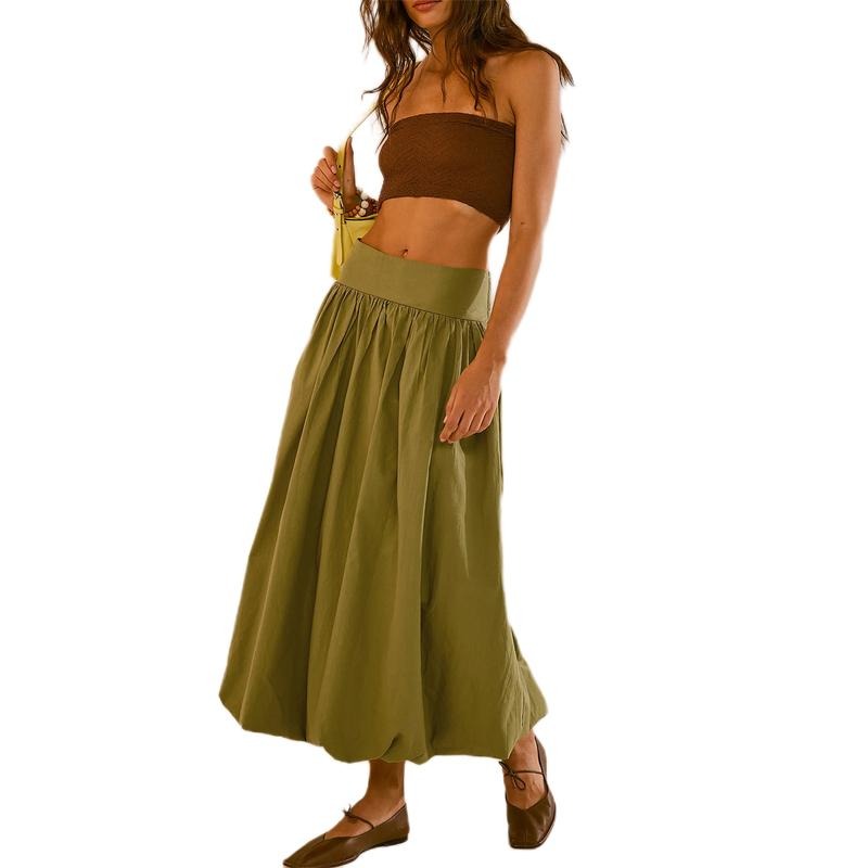 Women's Y2K Bubble Maixi Skirt Casual Loose Fitting Elastic High Waist Solid Color Pleated Ruffle Flared Puffball Skirt Summer Spring Ankle Length A-Line Skirt Streetwear