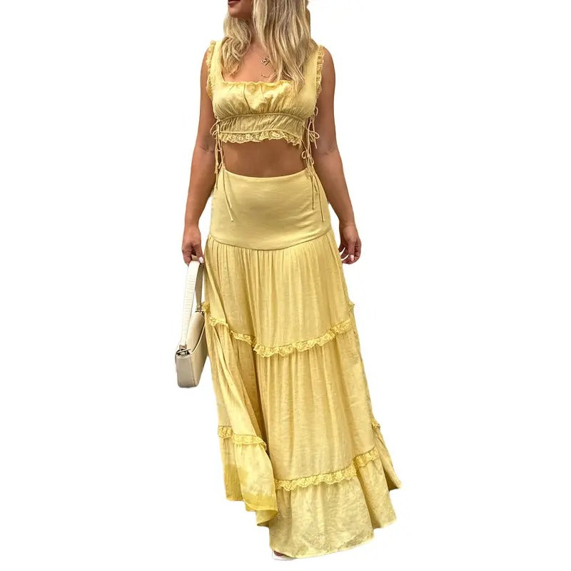 Women's Y2k Maxi Skirts Sets Lace Trim Sleeveless Backless U-Neck Tie-Up Tank Tops with Tiered Ruffle Flowy Long Skirt Set Party Clothes Summer 2Pcs Outfits