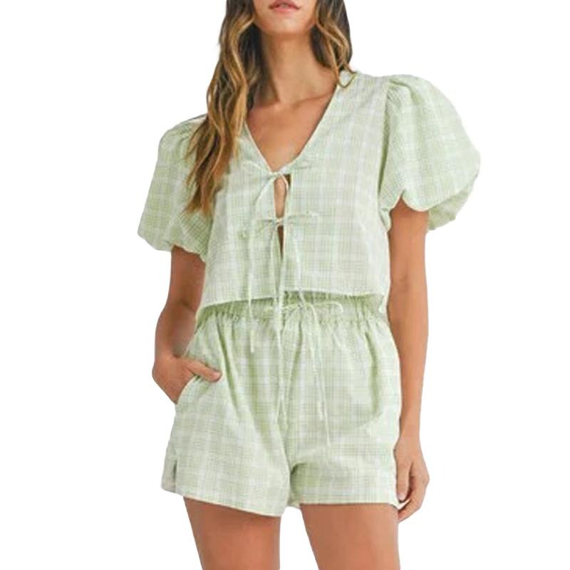 Women y2K 2 Piece Lounge Set Casual Outfits Set Pj Set 2 Piece Pajamas Set Plaid Tie Front Short Sleeves Tops Baggy Boxer Shorts Srt