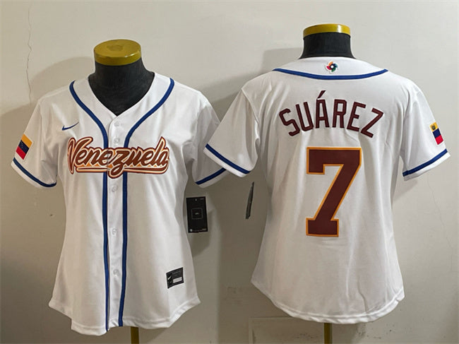 Women's Venezuela Baseball #7 Eugenio Suárez White 2026 World Baseball Classic Home
