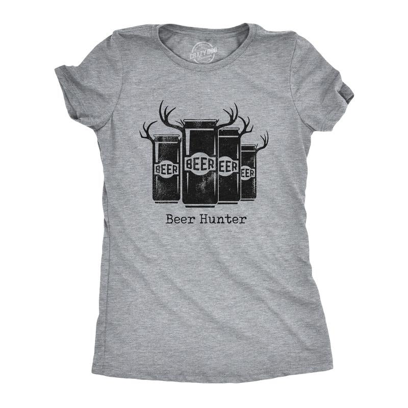 Womens Beer Hunter T Shirt Funny Sarcastic Drinking Deer Hunting Joke Novelty Tee for Ladies Funny Womens T Shirts Cute Slimming Top Light Grey
