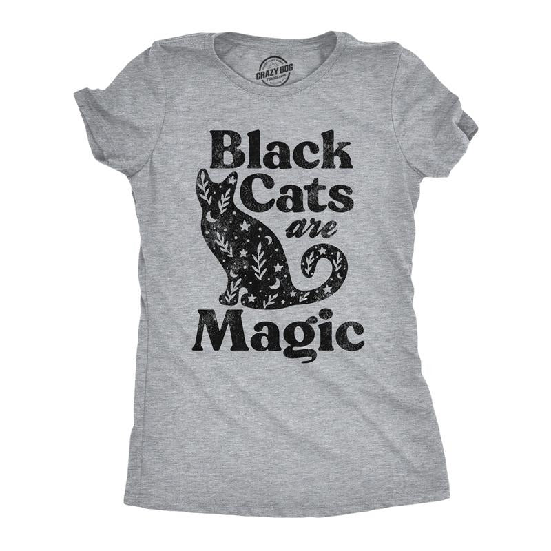 Womens Black Cats Are Magic T Shirt Cute Kitten Lovers Graphic Novelty Tee Halloween Top Funny Womens T Shirts Cute Slimming Top Comfortable Soft Womenswear Halloween Tops for Women Funny Cat Top Light Grey