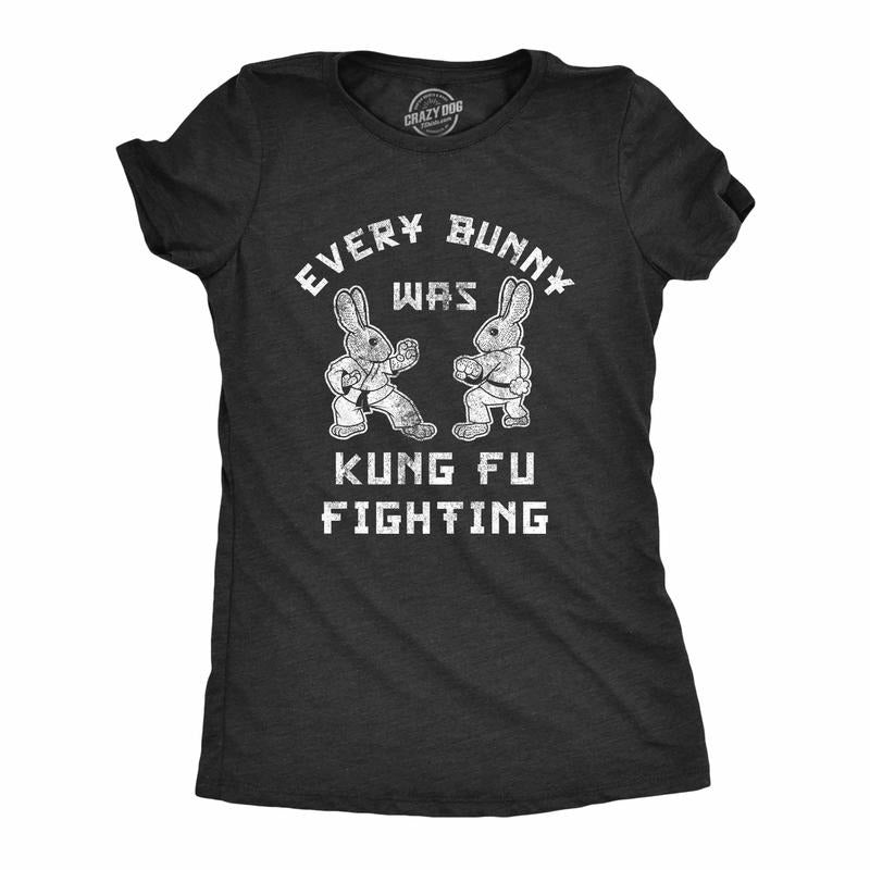 Womens Every Bunny Was Kung Fu Fighting T Shirt Funny Graphic Tee Cool Easter Gift Fun Funny Womens T Shirts Cute Slimming Top Comfortable Soft Womenswear Easter Tops for Women Funny Animal Top Black -