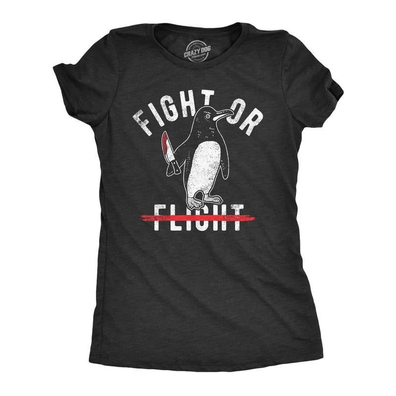 Womens Fight Or Flight T Shirt Funny Killer Penguin Funny Flying Joke Tee For Ladies Funny Womens T Shirts Cute Slimming Top Comfortable Soft Womenswear Sarcastic Tops for Women Funny Animal Top Black -