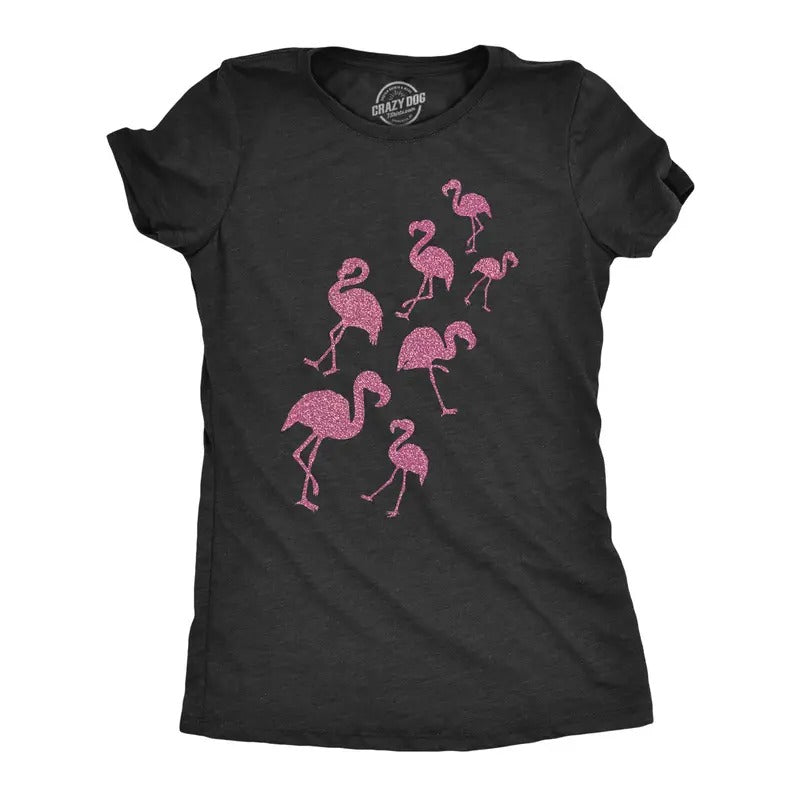 Womens Glitter Flamingos T Shirt Funny Cute Top Vacation Graphic Novelty Tee For Ladies Funny Womens T Shirts Cute Slimming Top Comfortable Soft Womenswear Summer Tops for Women Funny Animal Top Black