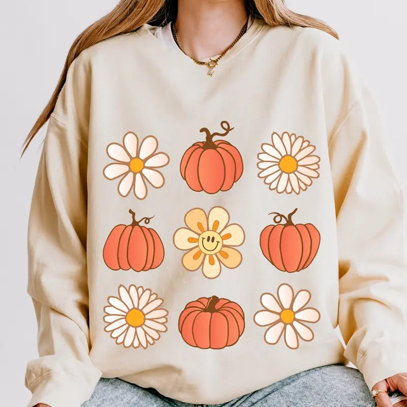 Womens Graphic Fall Shirt, Pumpkins and Flowers Shirt, Spooky Season Graphic shirt, Halloween Unisex Cotton T-shirt, Oversized Halloween Fall