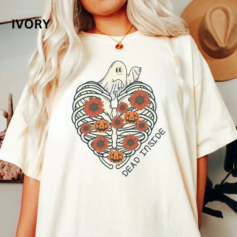 Womens Graphic Halloween Shirt, Dead Inside heart Shirt, Spooky Ghost Shirt, Fall shirt, Comfort Colors Halloween Shirt, Casual Shirt Unisex, Halloween Clothing, Graphic Halloween Apparel, Casual Cotton T-shirt, Unisex Halloween