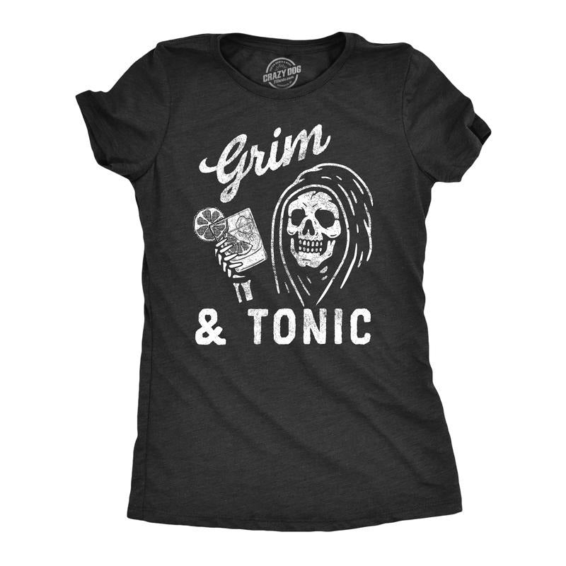 Womens Grim and Tonic T Shirt Funny Spooky Halloween Reaper Mixed Drink Joke Tee for Ladies Funny Womens T Shirts Cute Slimming Top Comfortable Soft Womenswear Halloween Tops for Women Funny Drinking Black -