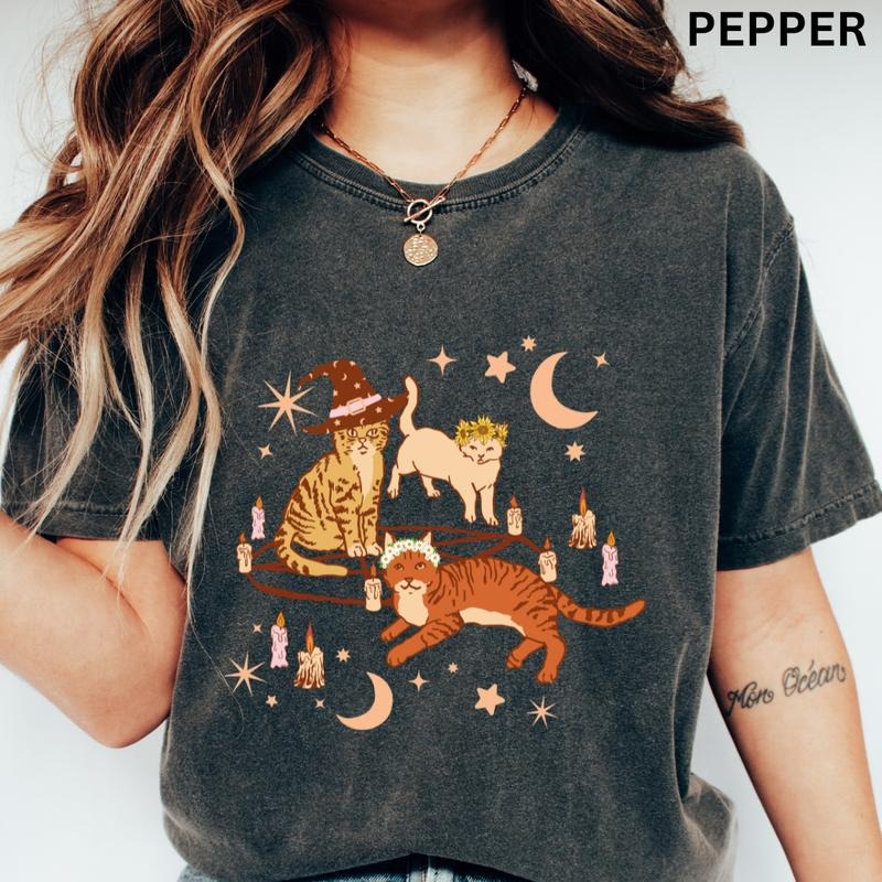 Womens Halloween Cat Shirt, Witchy Cats Shirt, Cats Shirt, Cat Mom, Comfort Colors Halloween Shirt, Casual Shirt Unisex, Halloween Clothing, Graphic Halloween Apparel, Casual Cotton T-shirt, Unisex Halloween