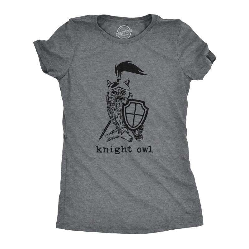 Womens Knight Owl T Shirt Funny Sarcastic Armored Sword Shield Bird Graphic Tee for Ladies Funny Womens T Shirts Cute Slimming Top Comfortable Soft Womenswear Funny Animal Top Women's Novelty Tees Dark Grey