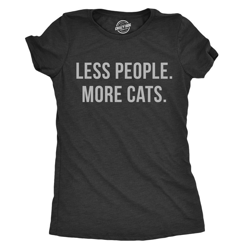 Womens Less People More Cats T Shirt Funny Pet Kitten Lower Tee For Ladies Funny Womens T Shirts Cute Slimming Top Comfortable Soft Womenswear Introvert Tops for Women Funny Cat Top Women's Novelty Black