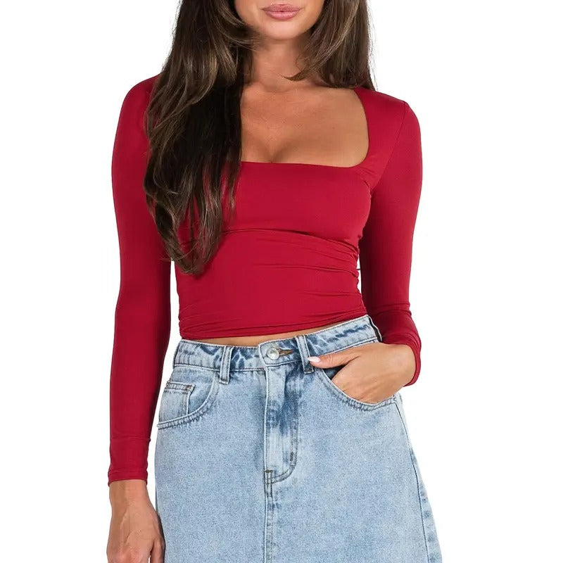 Womens Long Sleeve Square Neck Shirts Fashion Low Cut Solid Color Slim Fit Tees Casual Basic Y2K Crop Tops