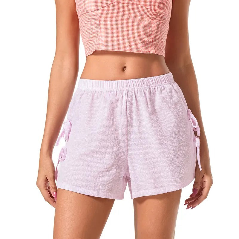 Womens Pinstripes Print Shorts Side Slit Bow Leisure Elastic Waistband Summer Beach Short Pants