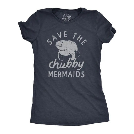 Womens Save The Chubby Mermaids T Shirt Funny Cute Manitee Preservation Tee for Ladies Funny Womens T Shirts Cute Slimming Top Comfortable Soft Womenswear Funny Animal Top Women's Novelty Tees Navy -