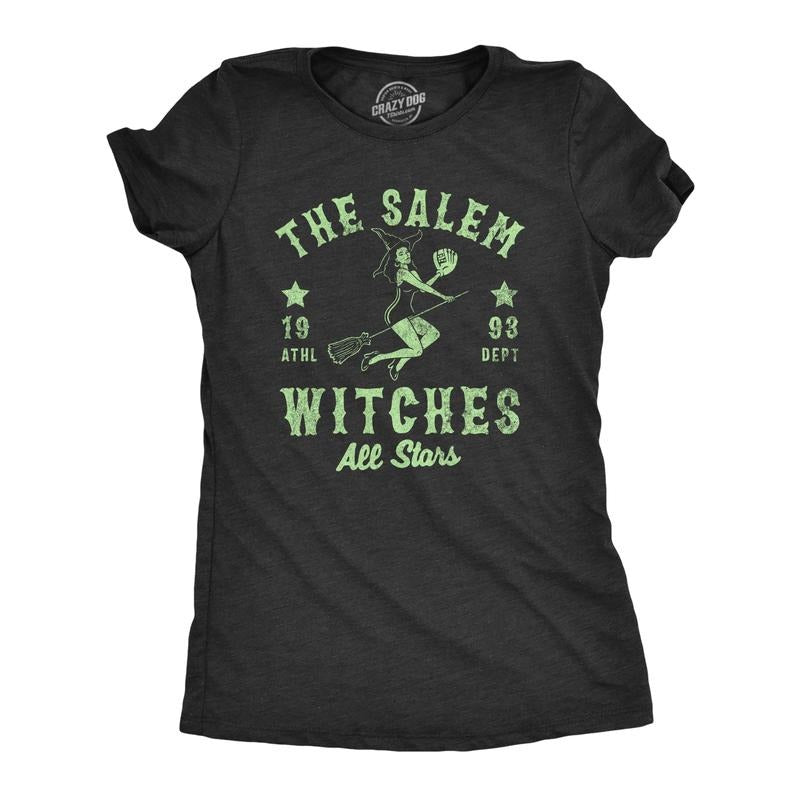 Womens The Salem Witch All Stars T Shirt Funny Halloween Witches Baseball Team Tee for Ladies Funny Womens T Shirts Cute Slimming Top Comfortable Soft Womenswear Halloween Tops for Women Funny Black -