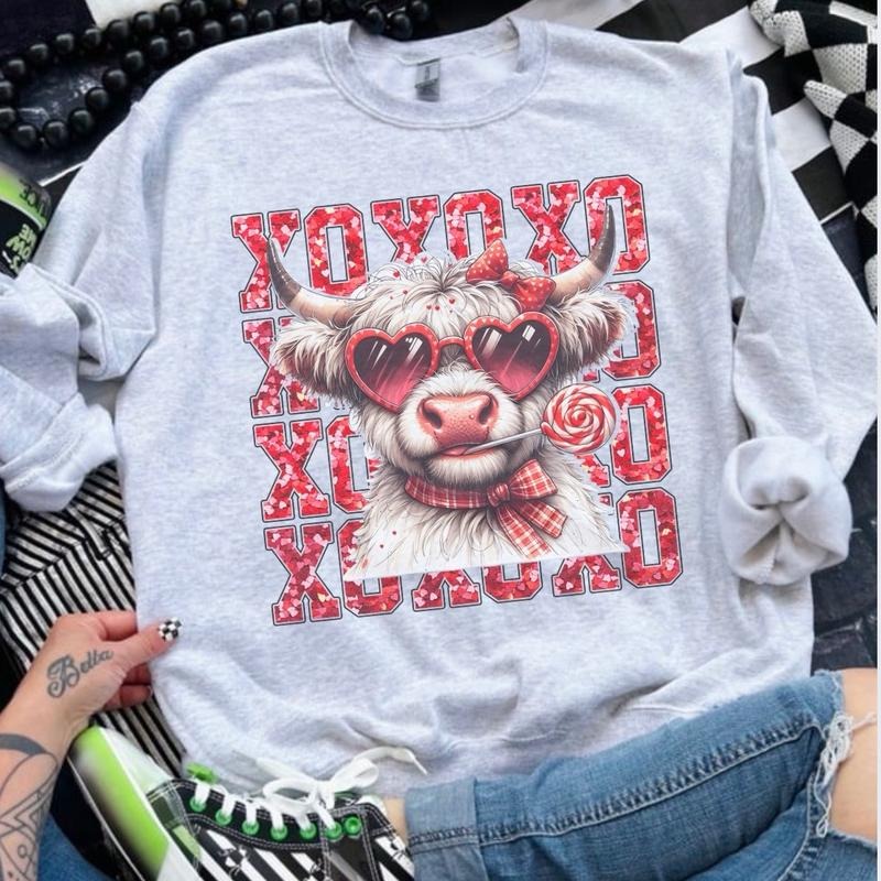 XOXO Highland Cow Valentine Day Sweatshirt - Ash Grey - Sublimation - Western - Unisex Jersey Sweatshirt