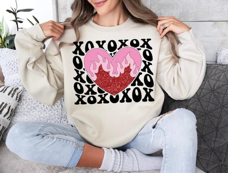 XOXO Retro Valentine Love Sweatshirt Groovy Valentine Heart , Valentines Day T-Shirts, Hoodie | WearSparks.com
