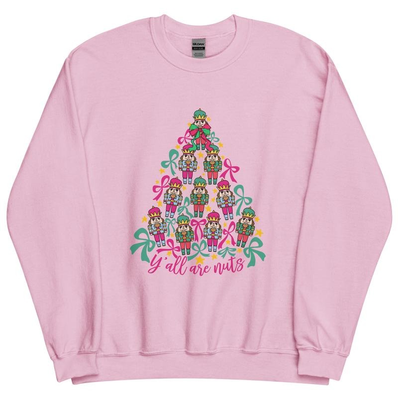 Y'all Are Nuts Christmas Tree Nutcracker Crewneck - Unisex Apparel Relaxed Fit Printed In The USA Clothing Womenswear Casual Comfort Cotton Top Athletic Boho Chic