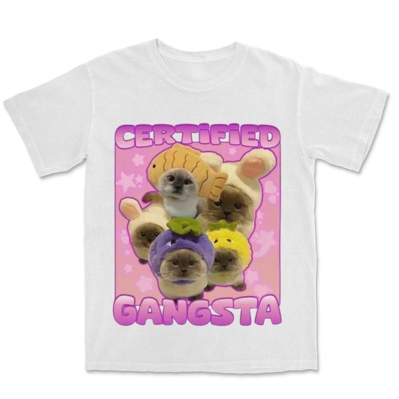 Y2K Certified Gangsta Funny Cat Meme T-shirt, Cute Cat Tshirt, Fantasy Kitten Tshirt, Love Cat Tshirt, Meme Cringe Funny Dumb Shirts, Unisex Graphic Tees Gothic Grunge Y2k Emo Scene Amity Affliction Style Clothes Menswear Womenswear Streetwear