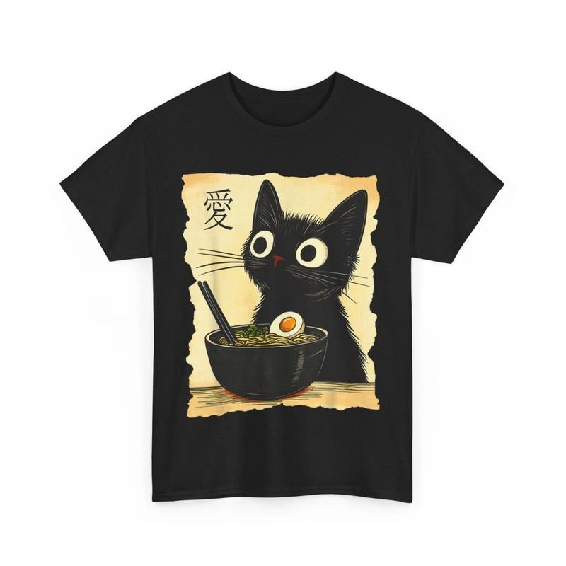 Y2K Funny Cat Ramen Graphic Tee Japanese Kawaii Anime Cat T-Shirt, Funny Cat Shirt, Cute Cat Shirt, Love Cat Tshirt, Unisex Graphic Tees Gothic Grunge Y2k Emo Scene Amity Affliction Style Clothes Menswear Womenswear Streetwear