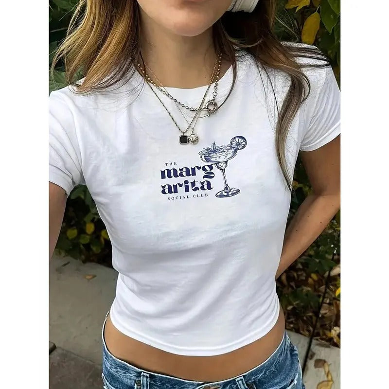 Y2K-Inspired Cocktail Print Cropped T-Shirt for Women - Slim Fit, Short Sleeve, Round Neck Top, Perfect for Summer