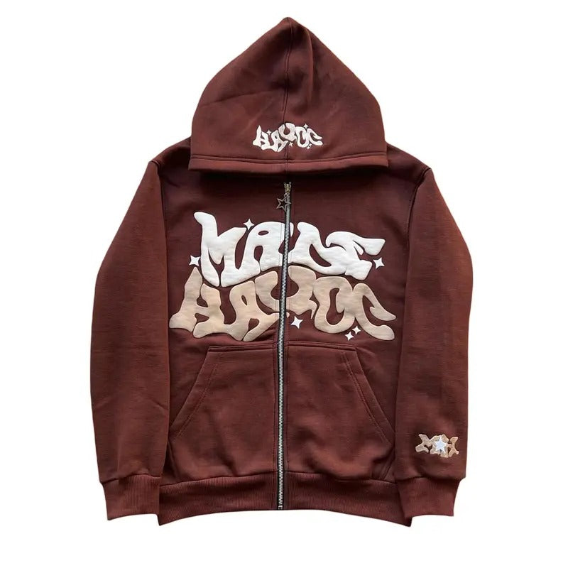 Y2K Letter Print Hoodie Women Men Gothic Fleece Zip Up Long Sleeve Cropped Hoodies Sweatshirt Oversized Harajuku Jacket with Pockets