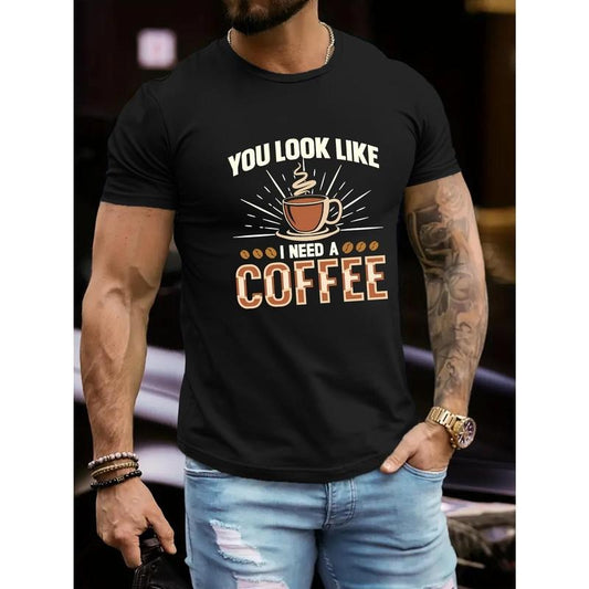 'YOU LOOK LIKE COFFEE' Print Men's Graphic T-Shirt, Breathable Comfy Short Sleeve Casual Tee For Summer Made in USA
