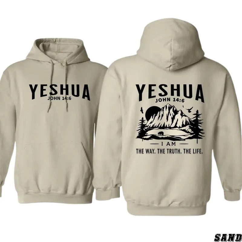 Yeshua Hoodie - "I Am the Way, the Truth, the Life" with Mountain and John 14:6 Reference, Perfect for Christian Believers, Unisex Hoodie - Sweaters, Menswear Tops Underwear Sweatshirts Pullover