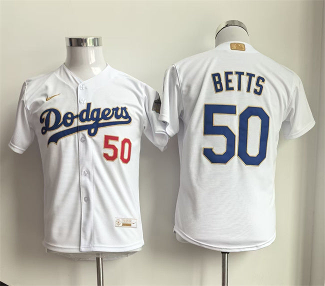Youth Los Angeles Dodgers #50 Mookie Betts White Gold Collection Stadium Stitched