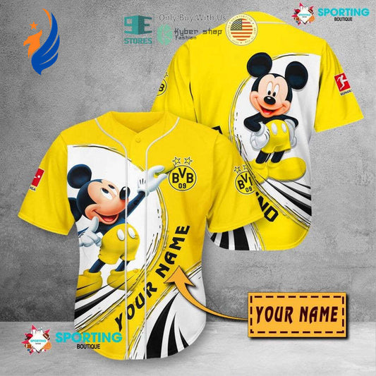 Borussia Dortmund Custom Name Yellow Mickey Mouse Baseball Jersey - Unisex Shirt Stand Out with Personalized Sports Apparel! - Bafud